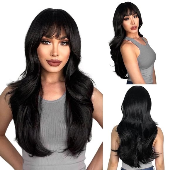 24 inch Long Black Synthetic Heat Resistant Natural Looking Realistic Wig - Picture 1 of 11